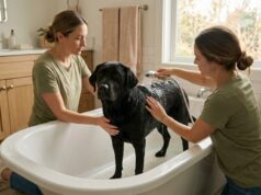Dog Bath Tips to Make Bath Time Safer and Less Stressful Dog bath tips for washing a calm black dog safely at home.