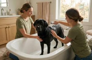 Dog Bath Tips to Make Bath Time Safer and Less Stressful Dog bath tips for washing a calm black dog safely at home.