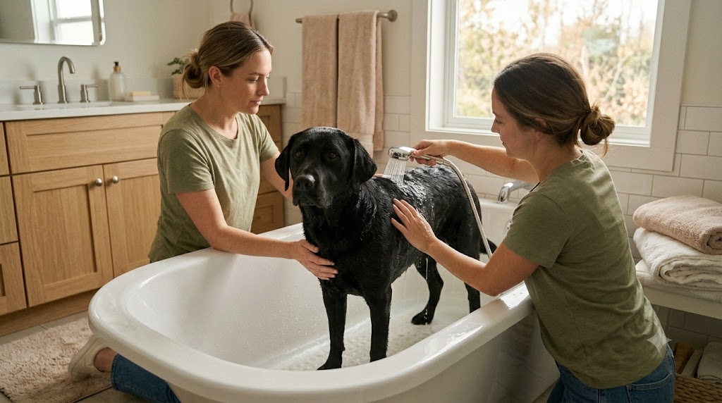 Dog bath tips for washing a calm black dog safely at home.