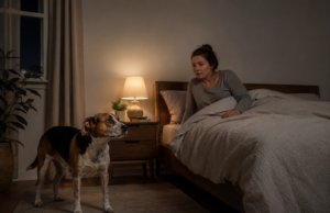 Why Your Dog Can’t Sleep at Night Dog can’t sleep at night while a worried owner sits awake in bed.