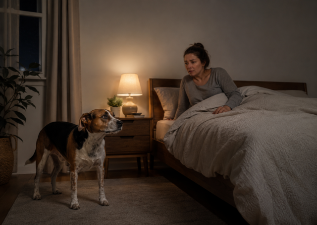 Dog can’t sleep at night while a worried owner sits awake in bed.