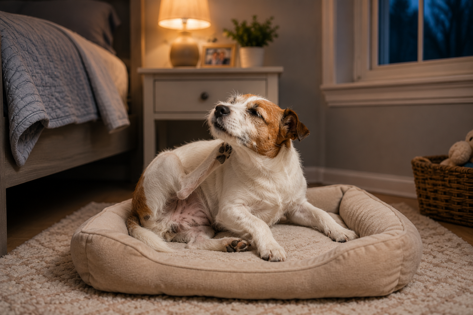 Dog scratching at night while resting on a bed near the owner’s bedroom.