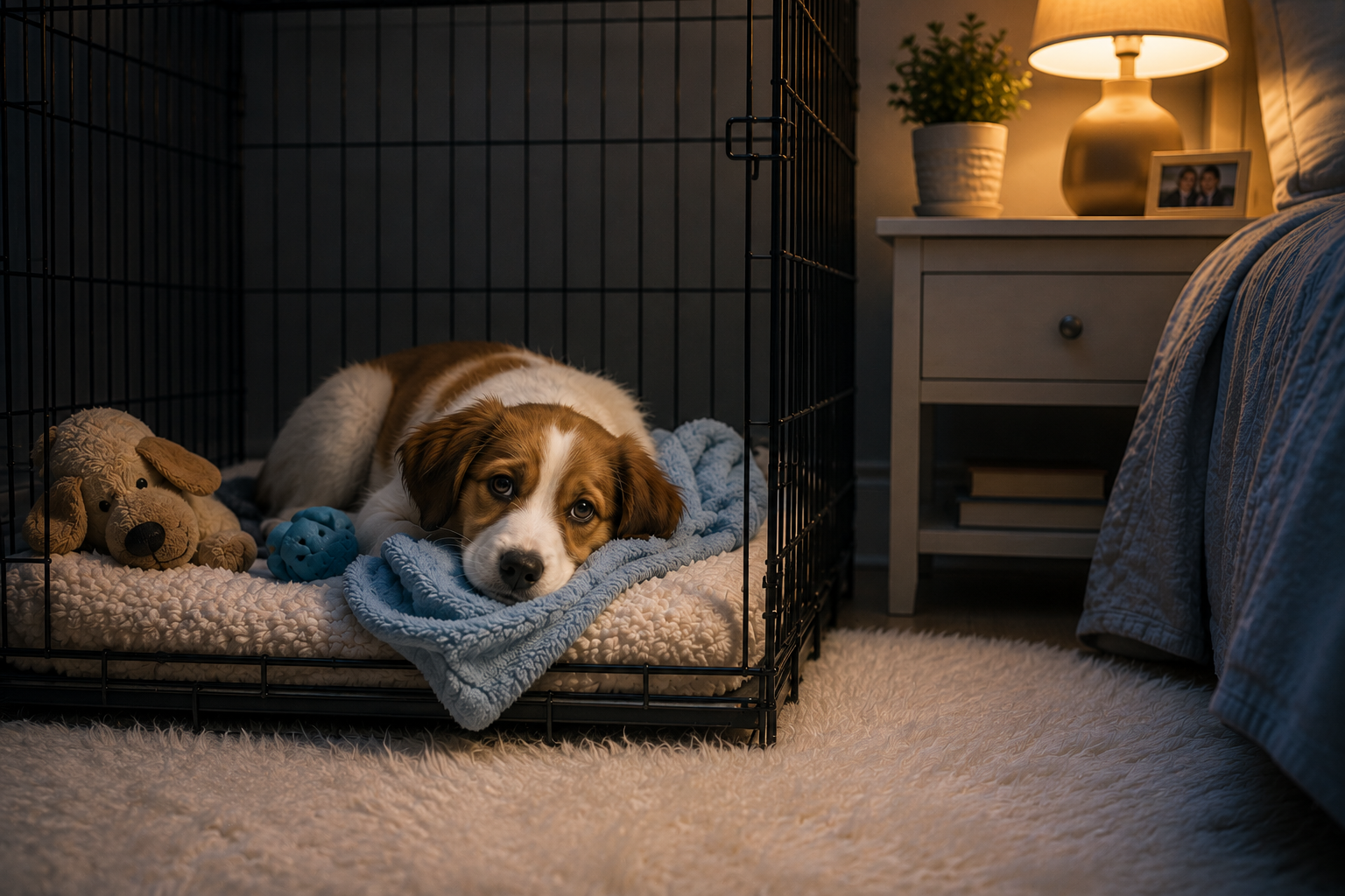 Puppy resting in a crate at night while adjusting to a new home.