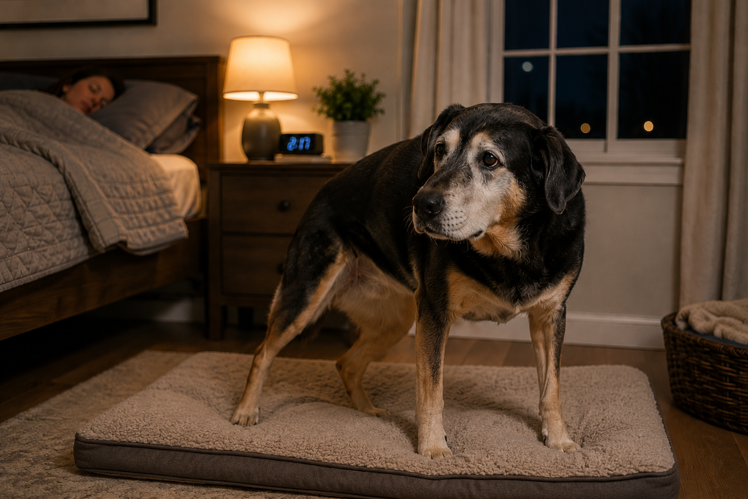 Senior dog awake on a soft bed at night while the owner sleeps nearby.