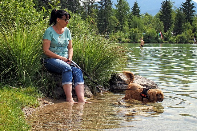 A woman and dog cooling off in the water