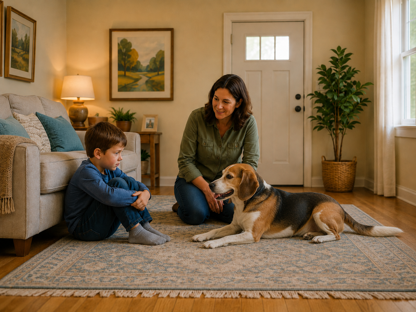 Child calmly watching a gentle dog with adult supervision