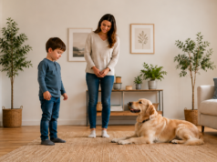 Helping Children Overcome Fear of Dogs: The Story of a Little Boy Child calmly watching a gentle dog with adult guidance