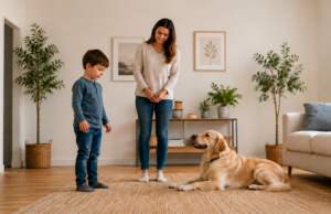 Helping Children Overcome Fear of Dogs: The Story of a Little Boy Child calmly watching a gentle dog with adult guidance