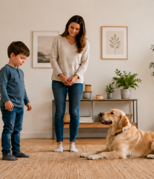 Child calmly watching a gentle dog with adult guidance