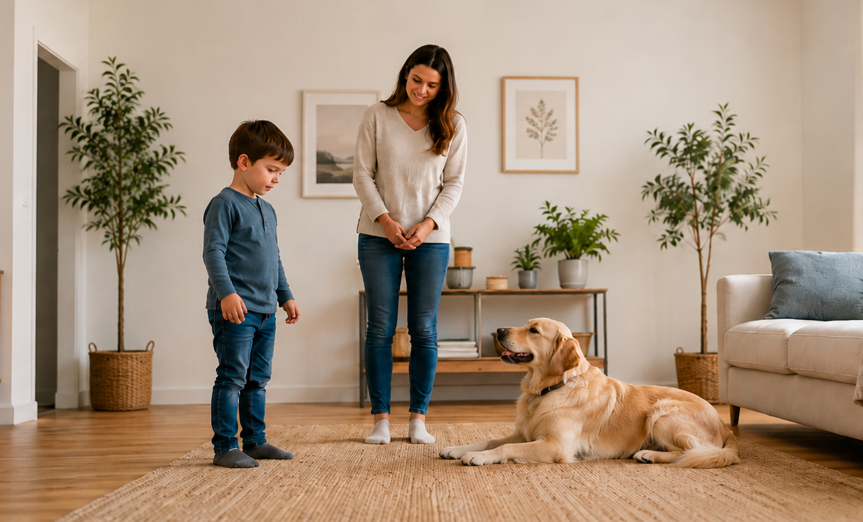 Child calmly watching a gentle dog with adult guidance