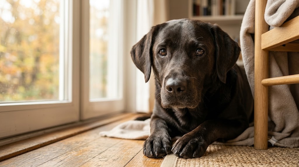 Dark-coated dog near a window showing soft natural light for dog photo tips.