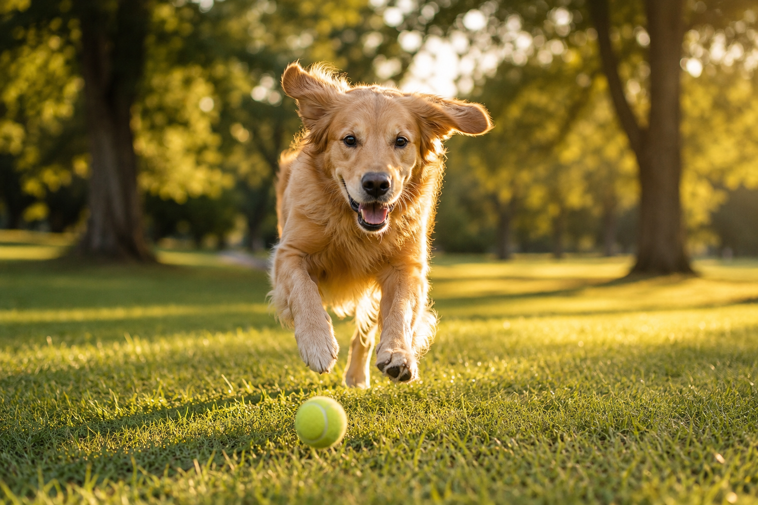Dog photo tips showing a happy dog running in golden-hour light for an outdoor action photo.