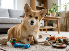 How Dogs Entertain Themselves in Isolation Corgi lying on a living room rug with several toys while entertaining himself indoors.