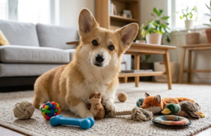 How Dogs Entertain Themselves in Isolation Corgi lying on a living room rug with several toys while entertaining himself indoors.