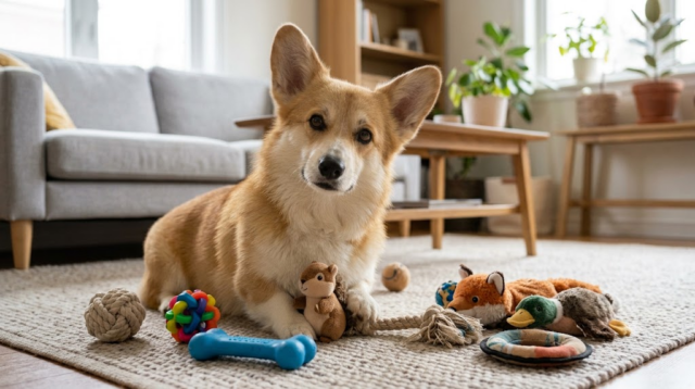 Corgi lying on a living room rug with several toys while entertaining himself indoors.