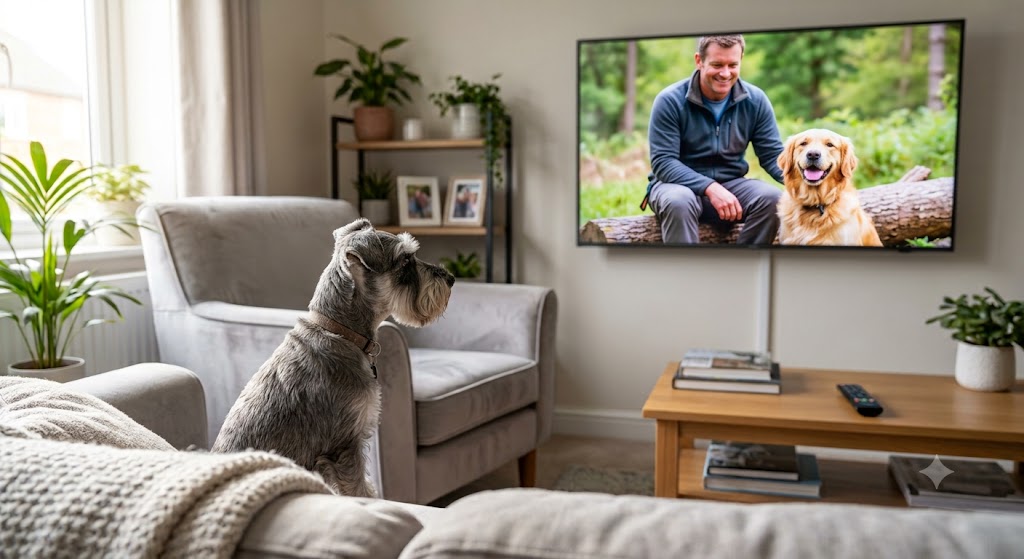 Schnauzer watching a dog video on television while relaxing in a living room.