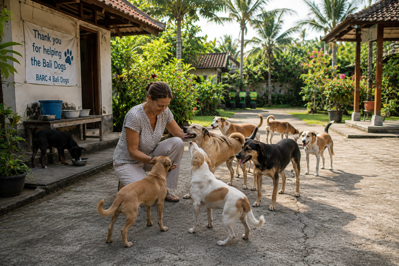 Woman caring for several rescued dogs in a tropical Bali courtyard