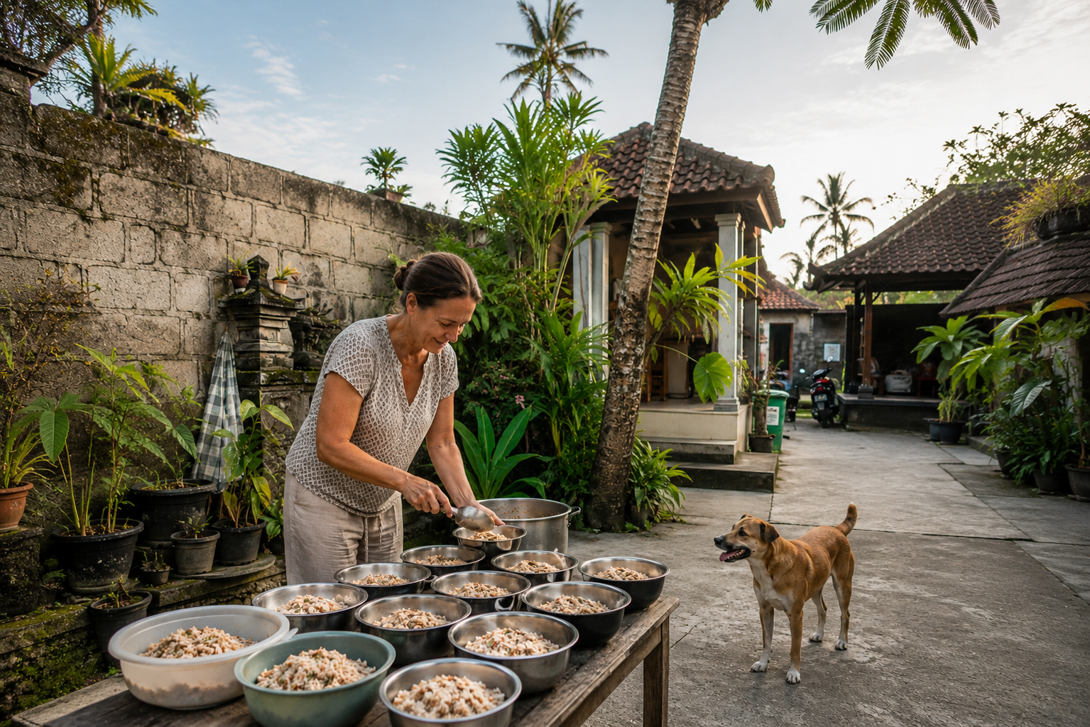 Woman preparing bowls of food for stray dogs in a tropical Bali courtyard
