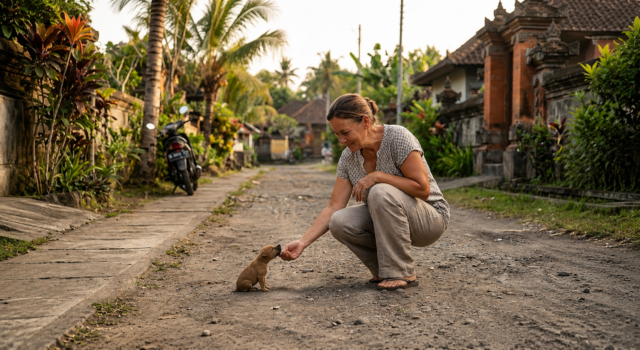 Woman kneeling beside a tiny rescued puppy on a quiet road in Bali