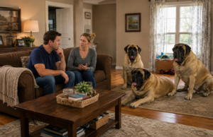 A Family Dog Decision: The Lesson This Man Had to Learn Couple discussing a family dog decision while three Mastiffs rest nearby in the living room