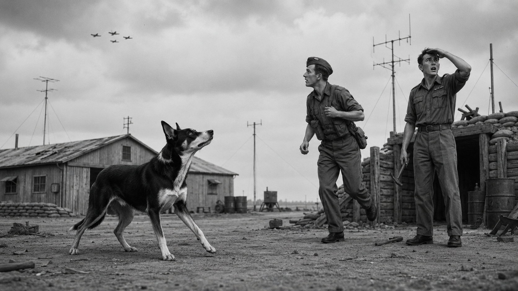 Black-and-white Kelpie alerting RAAF airmen to approaching aircraft at Darwin during World War II