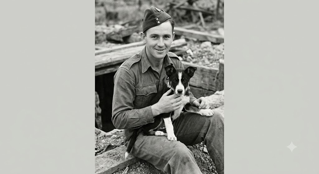 Australian airman holding a young black-and-white Kelpie after the bombing of Darwin during World War II