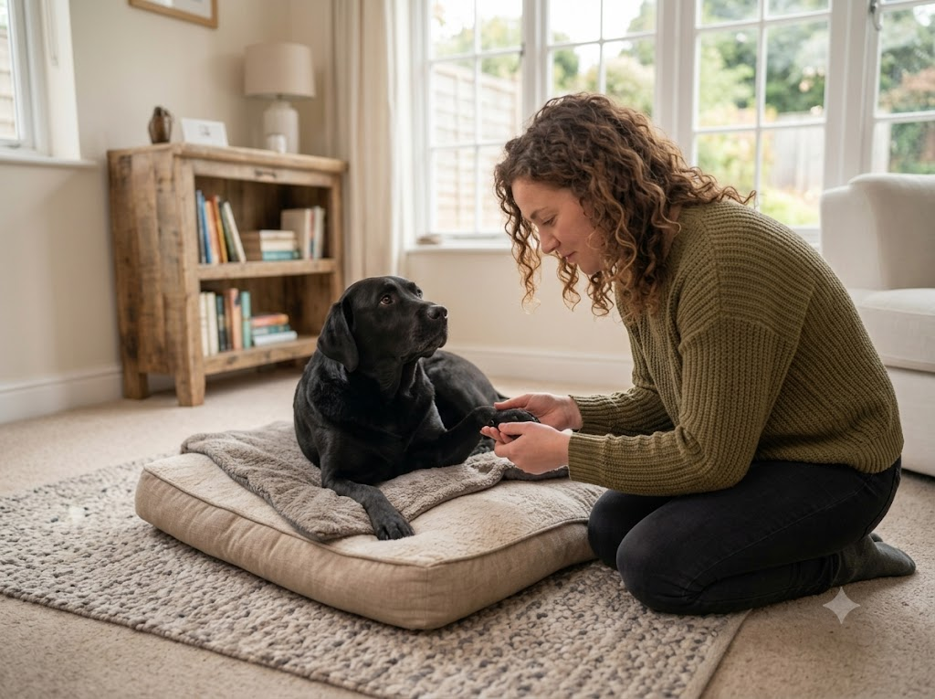 Dog owner calmly checking a dog's paw after stepping on it by accident