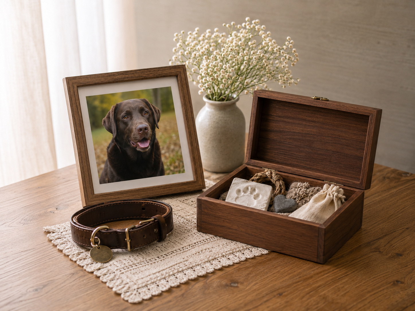 Framed photo of a chocolate Labrador beside a collar and memory box, honoring a beloved dog after