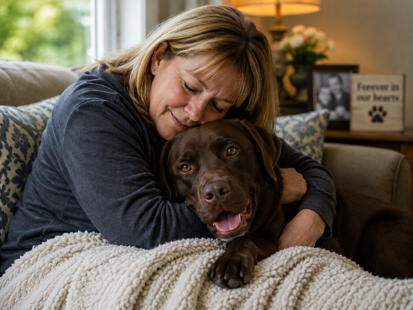 Woman gently embracing a beloved Chocolate Lab, showing the strong human-dog bond behind dog loss grief.