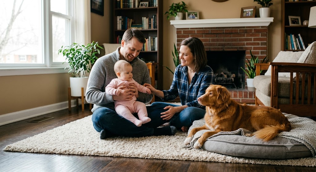 Dog and baby safety with parents supervising a calm family dog near their baby