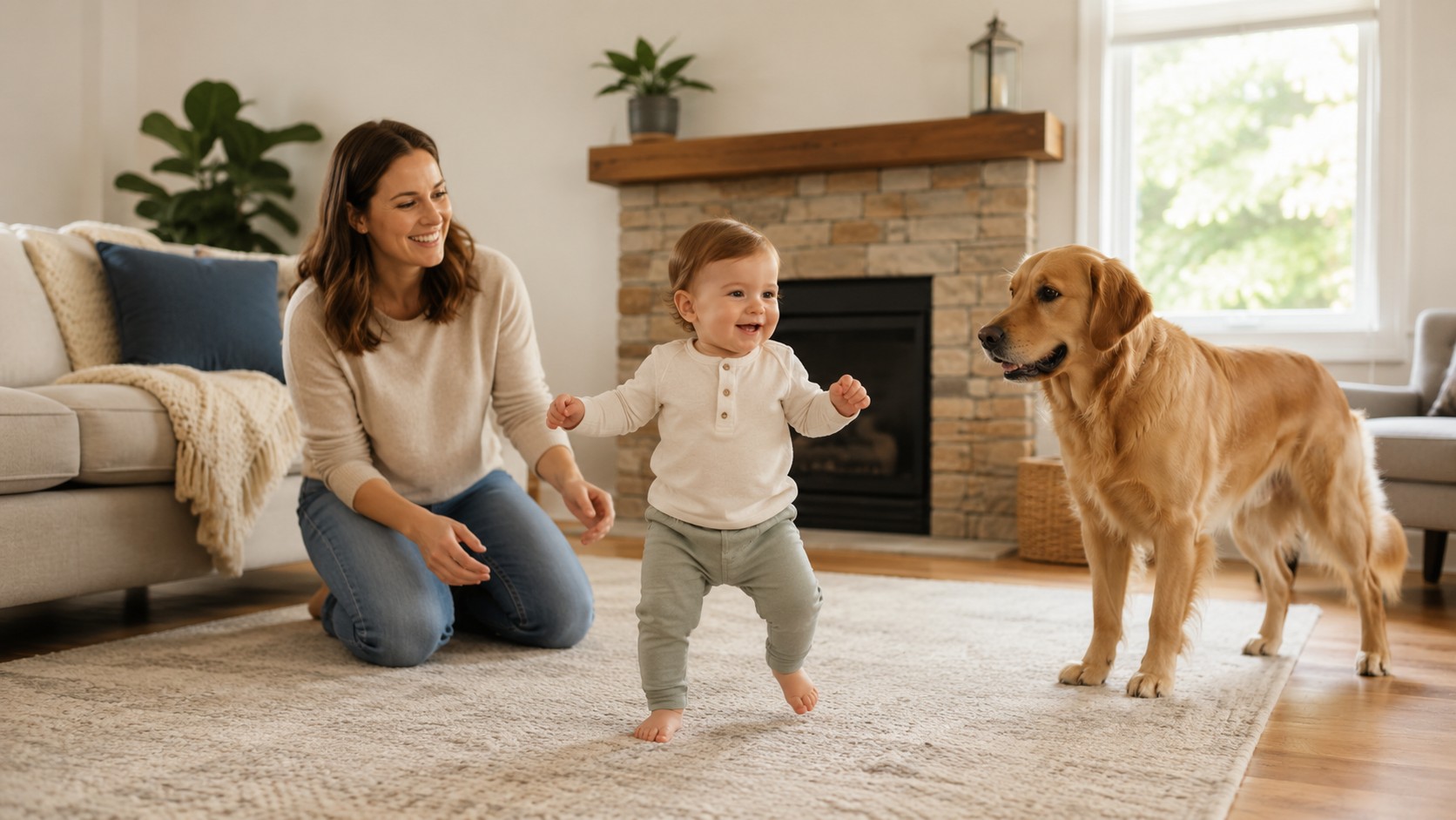 Dog and baby safety with a toddling baby near a calm supervised family dog