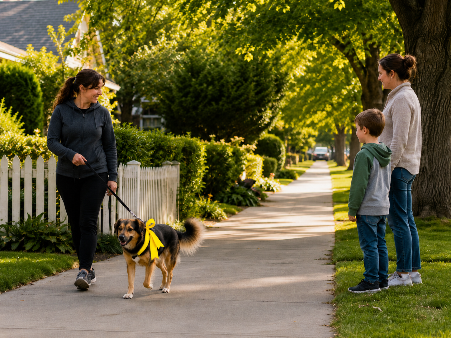 Yellow ribbon dog walking calmly past a child who keeps a respectful distance