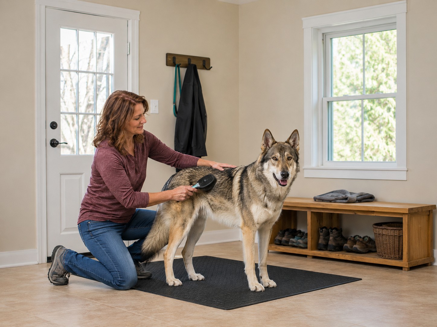 Woman gently brushing the thick double coat of a wolf-like Native American Indian Dog at home.