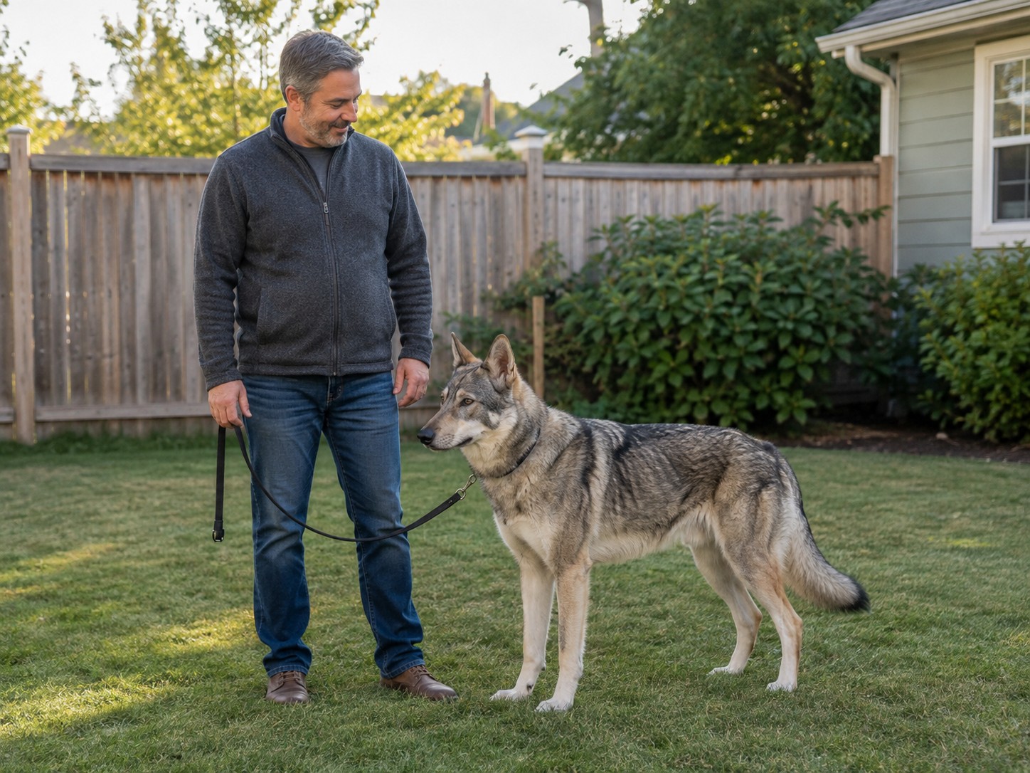 Wolf-like Native American Indian Dog standing beside its owner in a secure fenced backyard.