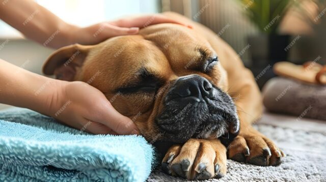 large dog enjoying a massage