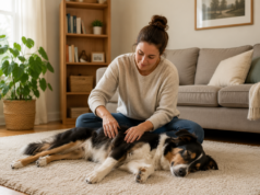 How to Safely Massage Your Dog at Home Woman gently massaging a relaxed black and tan dog at home on a soft rug.
