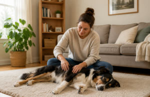 How to Safely Massage Your Dog at Home Woman gently massaging a relaxed black and tan dog at home on a soft rug.