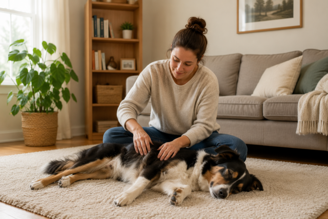 Woman gently massaging a relaxed black and tan dog at home on a soft rug.