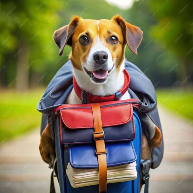 dog with his go bag on his back