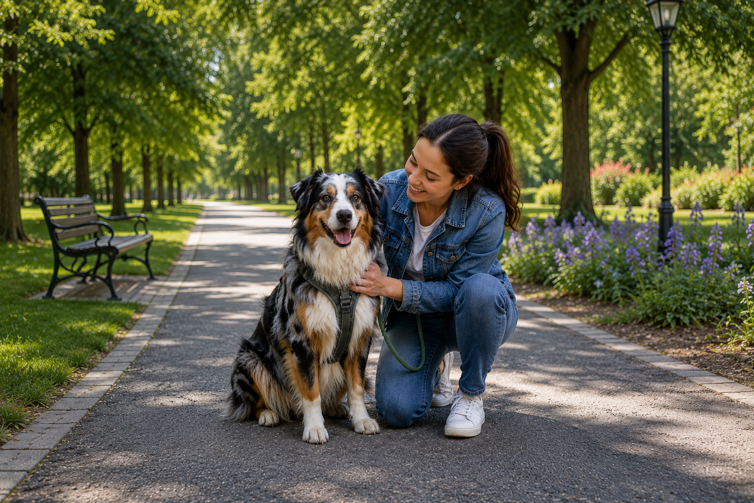 Woman kneeling beside an Australian Shepherd on a tree-lined park path