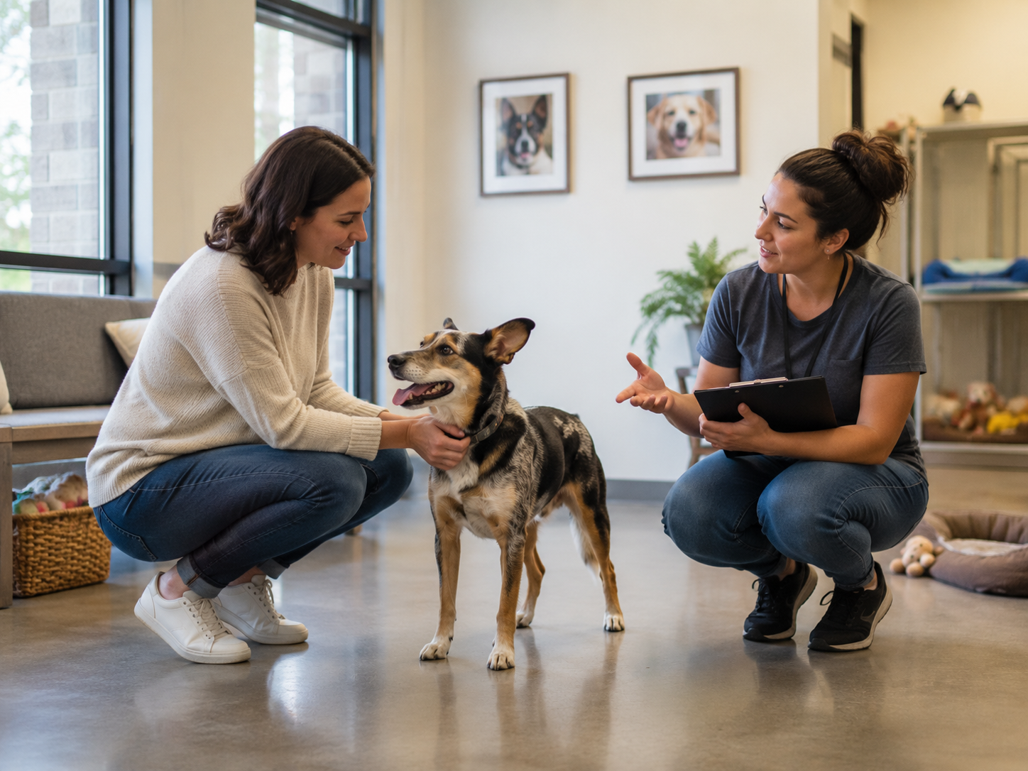 Woman meeting a dog with guidance from a shelter worker before choosing a pet