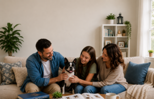 Dogs Around the World: A Look at Popular Breeds by Country Family sitting together with their Boston Terrier while looking through dog breed books