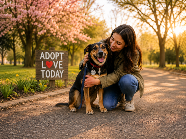 Best time to adopt a dog shown by a happy adopted dog with his new owner in a park.