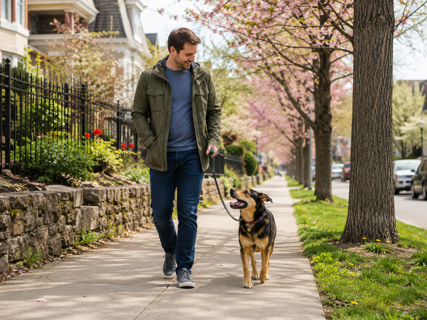 Man walking a dog on a suburban sidewalk during mild spring weather after adoption.