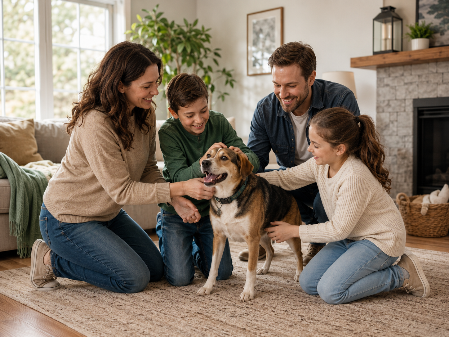 Family welcoming a newly adopted dog into their home.