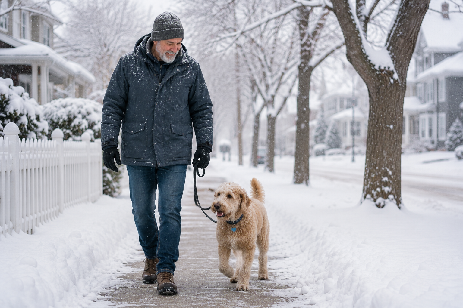 Older man walking a newly adopted doodle-type dog on a snowy sidewalk in winter.