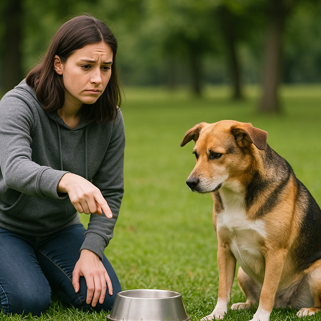 Dog and trainer interacting, The dog recognizes a bad person and doesn't trust her,