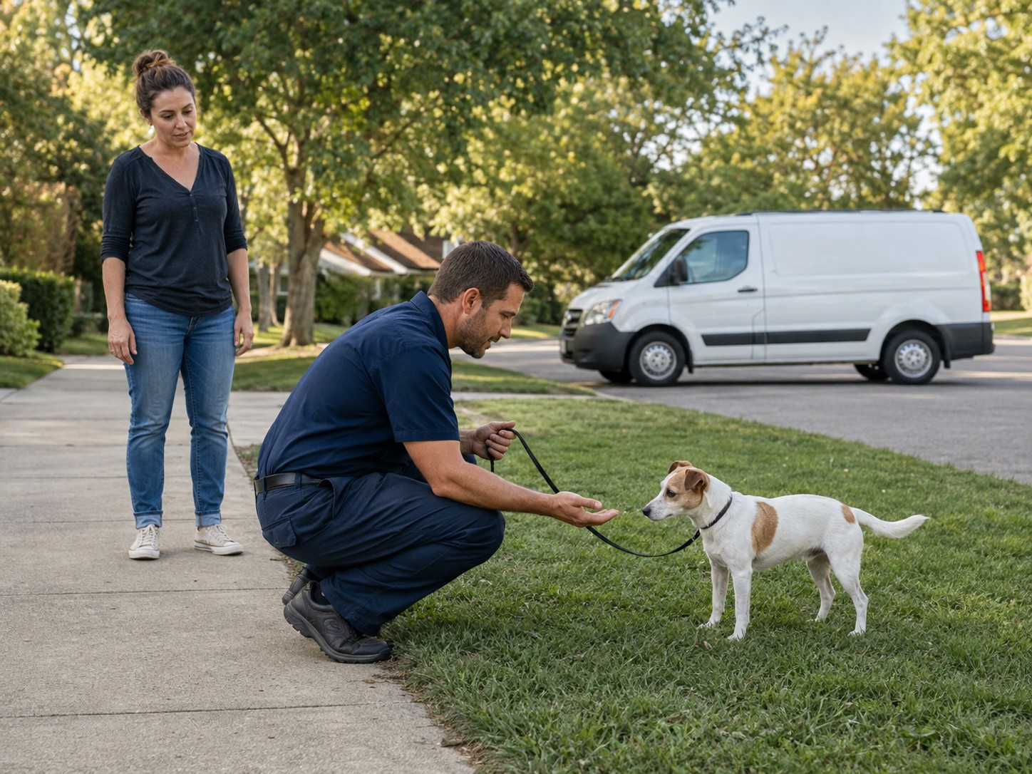 Animal-control professional calmly securing a found Jack Russell Terrier–type dog while the woman who found him keeps a safe distance.