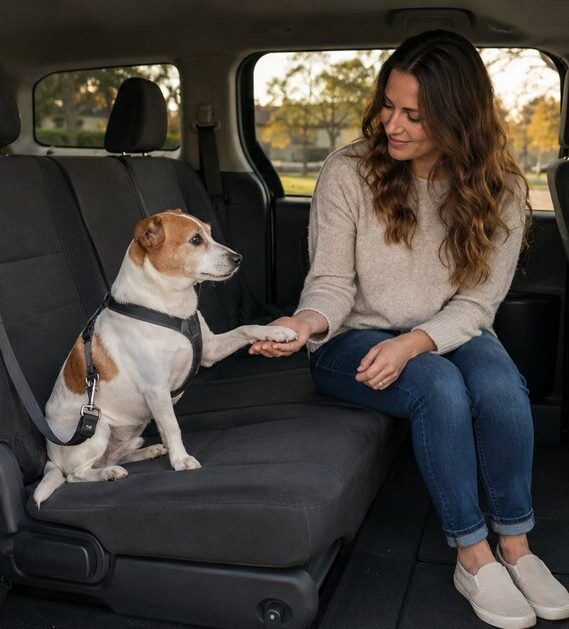 rescued dog keeps paw on his escuer