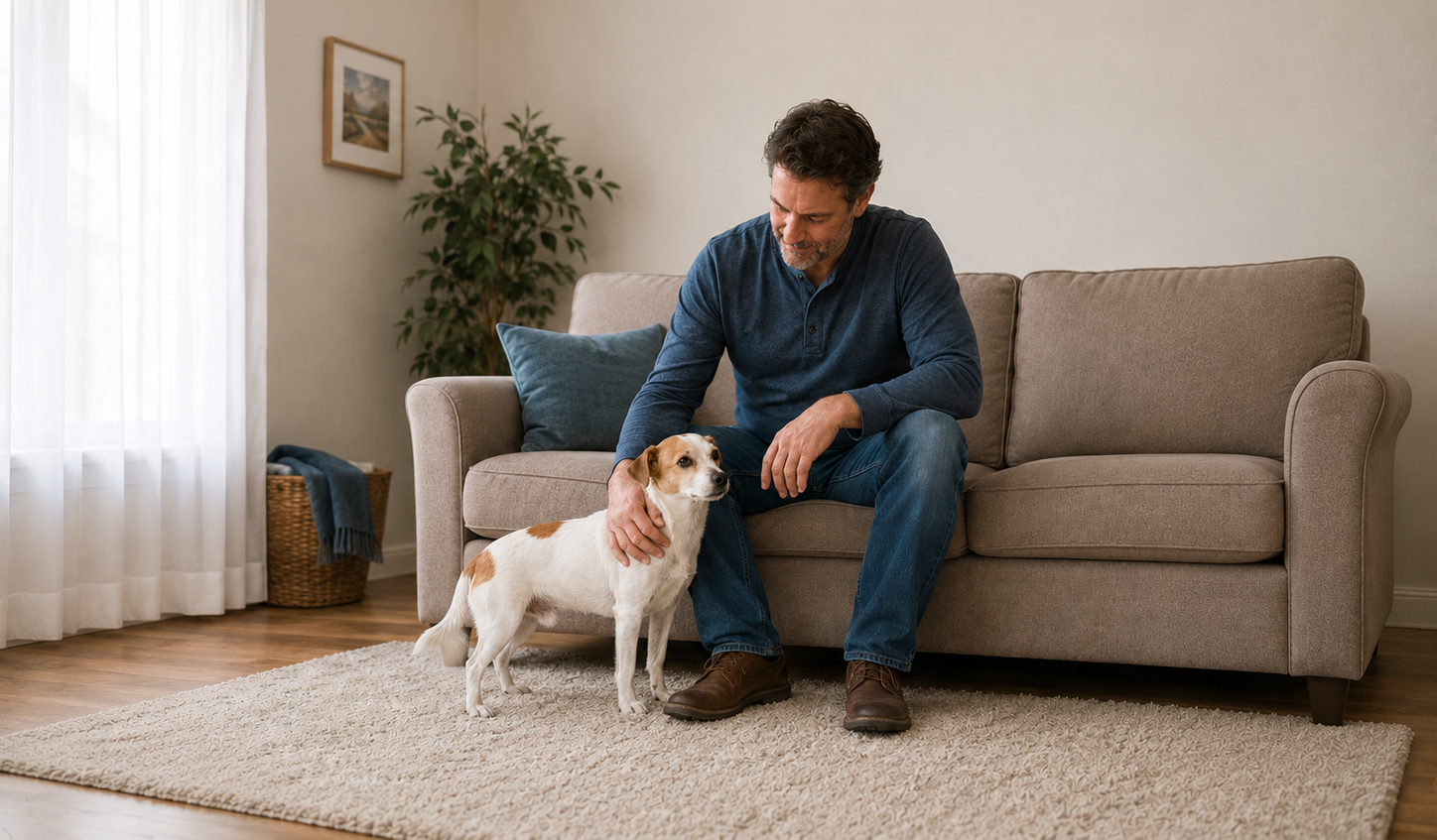 Rescued Jack Russell Terrier–type dog seeking reassurance from a calm foster caregiver at home.